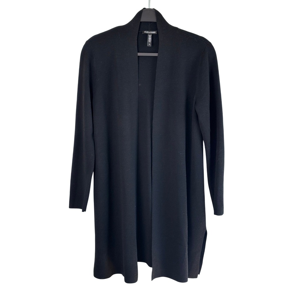 Eileen Fisher Merino Wool Long Open Cardigan Black Minimalist S Luxe